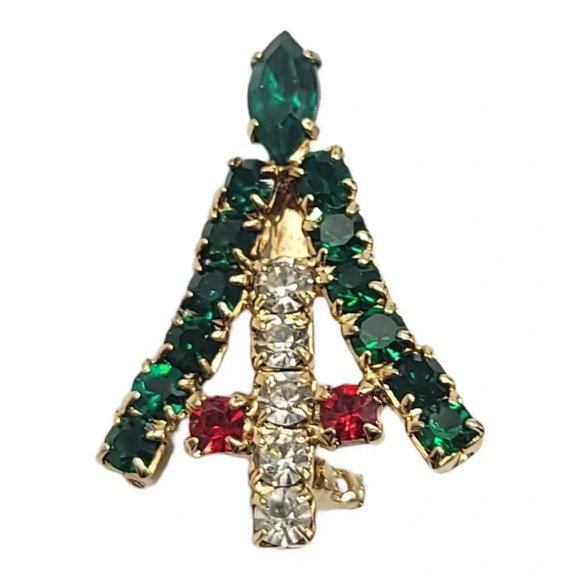 Clear Red Green Crystal Rhinestone Christmas Tree Brooch Pin Vintage Gold Tone - Picture 1 of 4